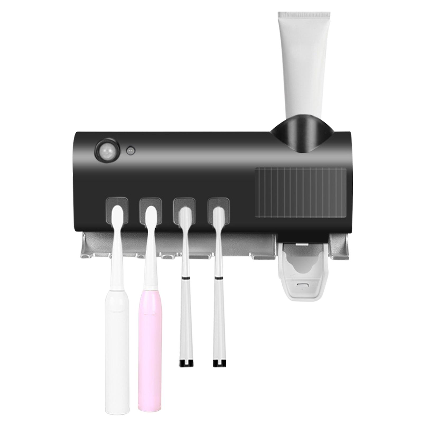 Black Uv Toothbrush Sanitizer Intelligent Photocatalyst Toothbrush Sanitizer Wall Mounted Bathroom Toothbrush Holder With Automatic Toothpaste Dispens