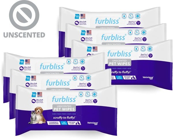 Vetnique Labs Furbliss Pet Wipes Cleansing and Deodorizing Hypoallergenic Paw and Body Dog and Cat Grooming Wipes， Unscented