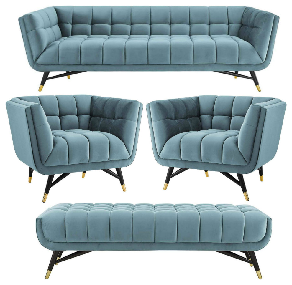 Velvet Fabric Tufted Sofa  Accent Bench  2 Lounge Chairs  Sea Blue   Midcentury   Living Room Furniture Sets   by VirVentures  Houzz