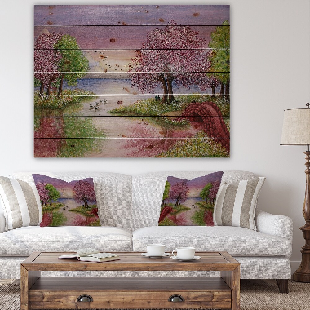 Designart 'Romantic Lake In Pink And Green' Lake House Wood Wall Art Panels   Natural Pine Wood