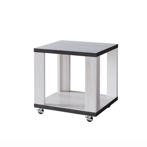 Q-Max Two-Toned End Table with Casters， Side Table with Bottom Shelf， White Oak and Distressed Grey Finish