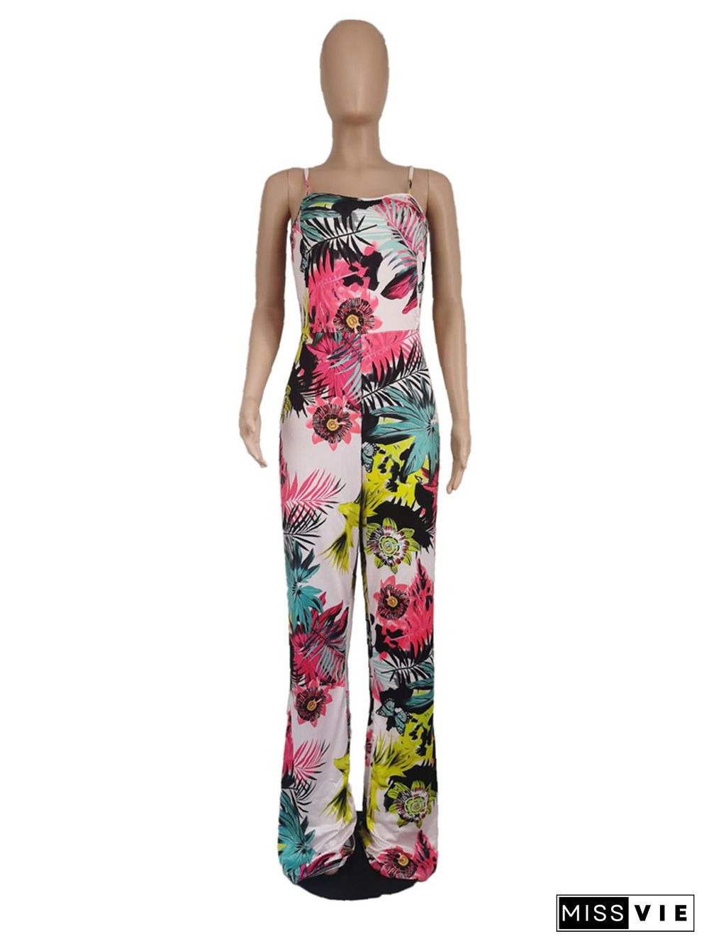 Plus Size Floral Print Sleeveless Wide Leg Jumpsuit