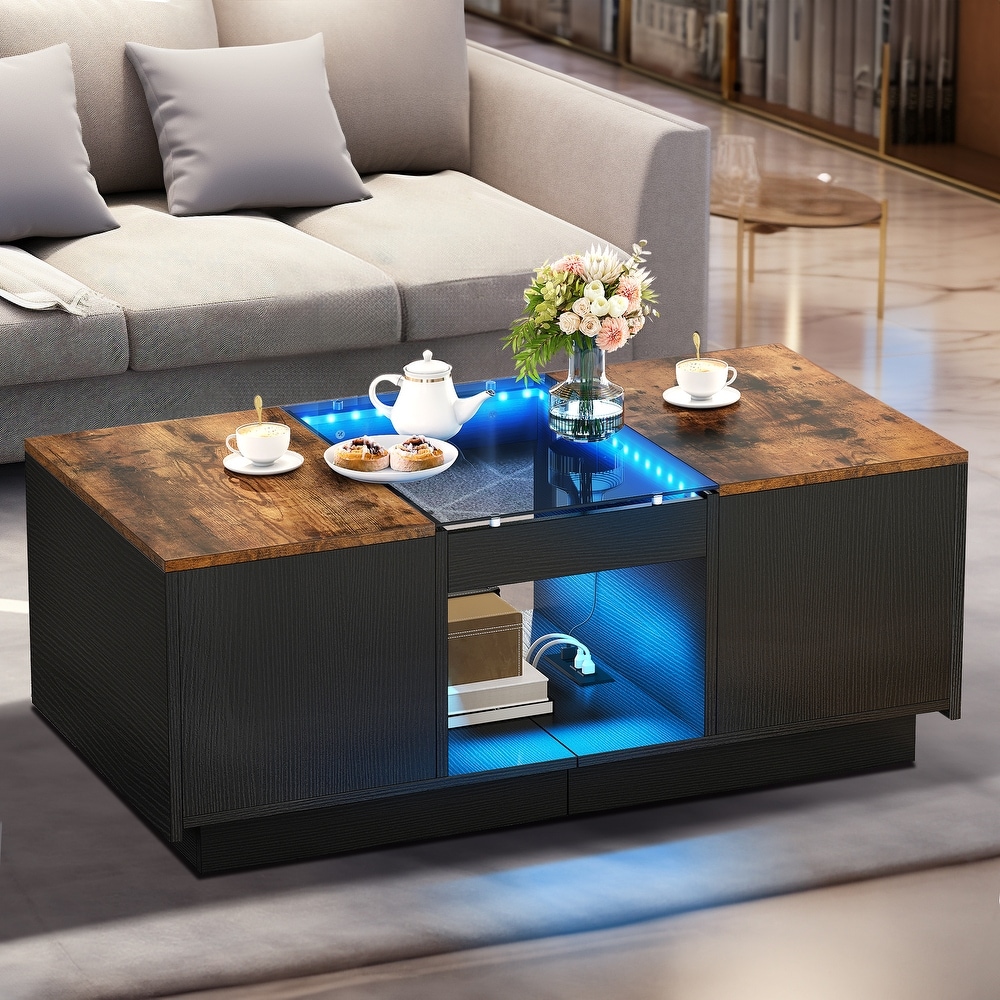 Modern Wood Coffee Table with Storage Drawers and LED Lighting