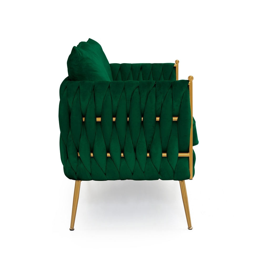 2pcs Loveseat Sofa Sets  Living Room Woven Double Chair Sofa Velvet Accent Armchair Loveseat with Thick Back  Metal Legs  Green