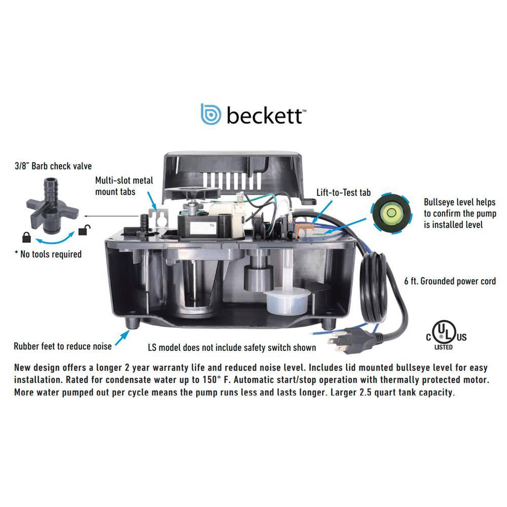 BECKETT BK171TUL 115 Volt Automatic Medium Condensate Removal Pump with Safety Switch and 20 ft. of 38 in. ID PVC Tubing BK171TUL