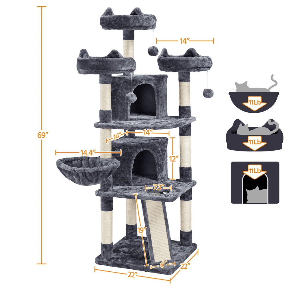 Topeakmart 69'' Large Cat Tree Tower with 2 Condos and Scratching Post， Dark Gray