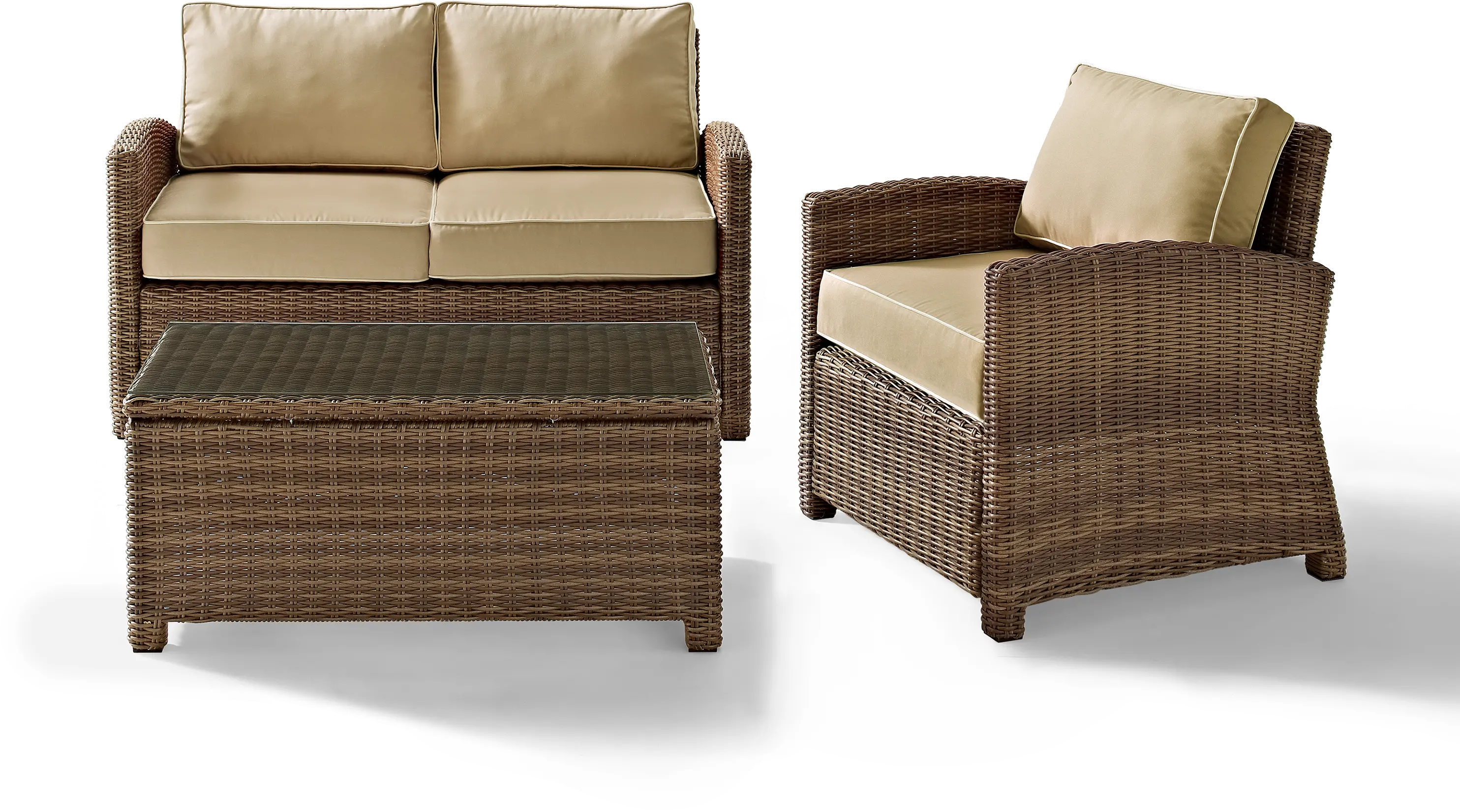 Bradenton Sand and Wicker 3 pc Loveseat， Armchair， and Table