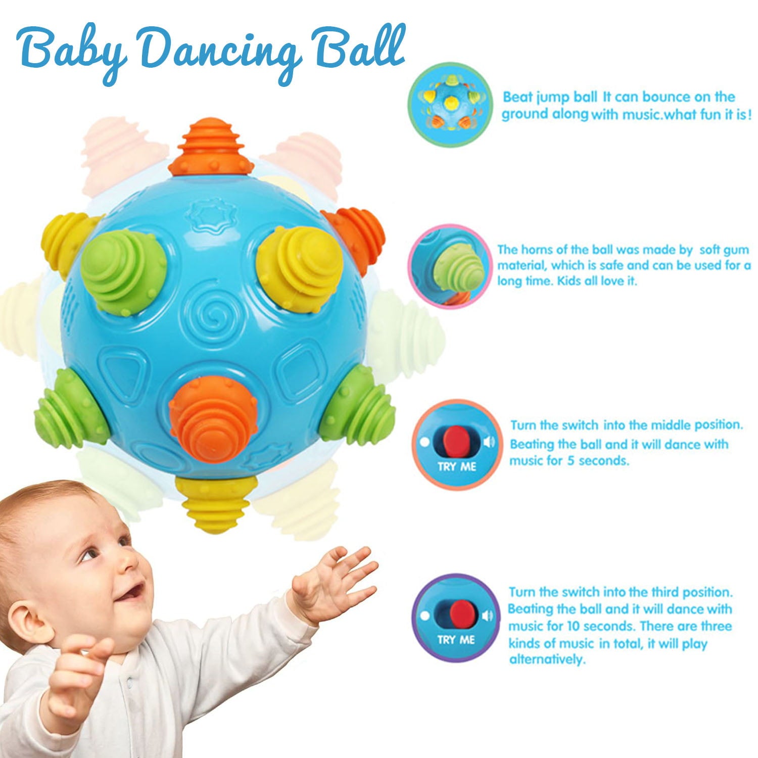 Toddlers Baby Music Shake Dancing Ball Toy， Baby Crawling Toys， Bouncing Sensory Learning Ball Toys， Toys for 1+ Year Old