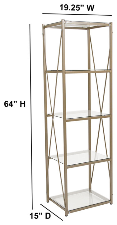 Mar Vista Collection 4 Shelf 64 quotH Cross Brace Glass Bookcase  Matte Gold   Contemporary   Bookcases   by First of a Kind USA Inc  Houzz