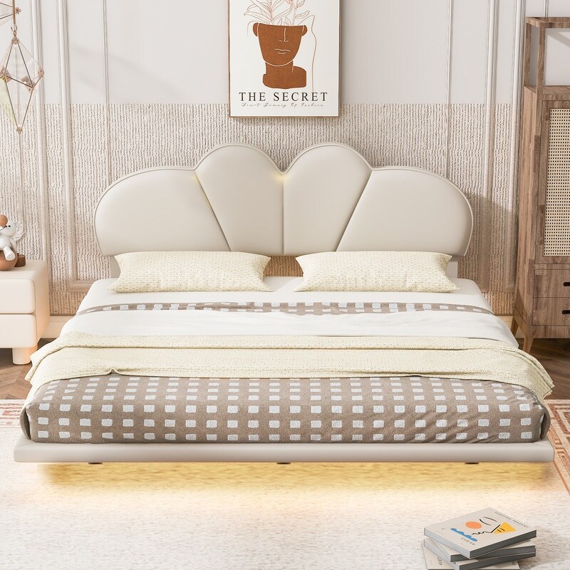 Solid Pine Queen Size Upholstery Platform Bed with PU Leather Headboard and Underbed LED Light