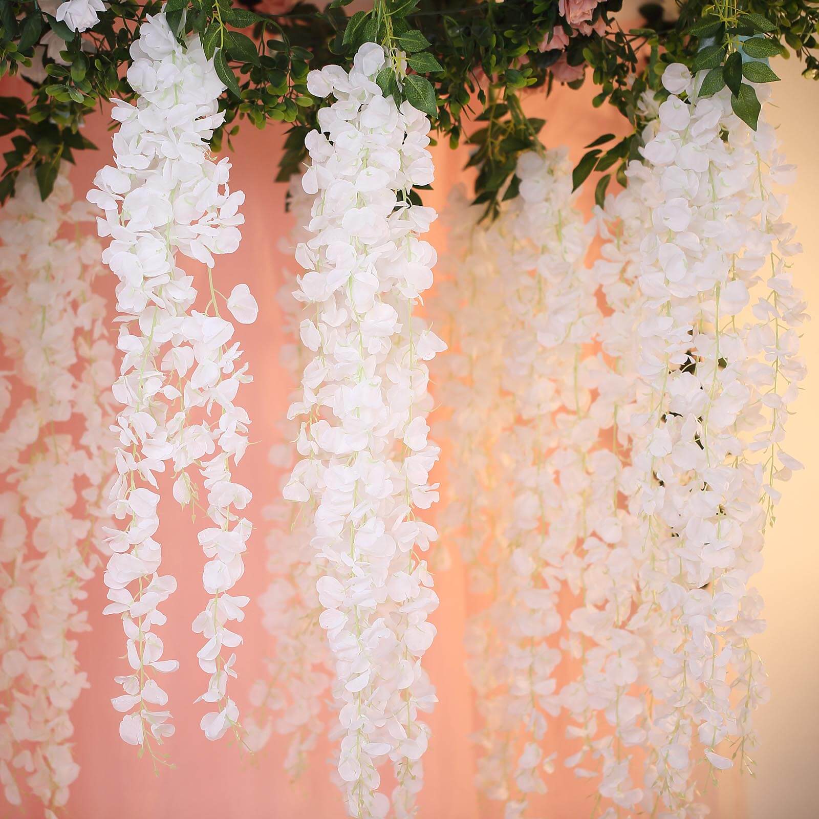 White Artificial Silk Hanging Wisteria Flower Garland Vines - Elaborated 5 Full Strands in 1 Bush 42