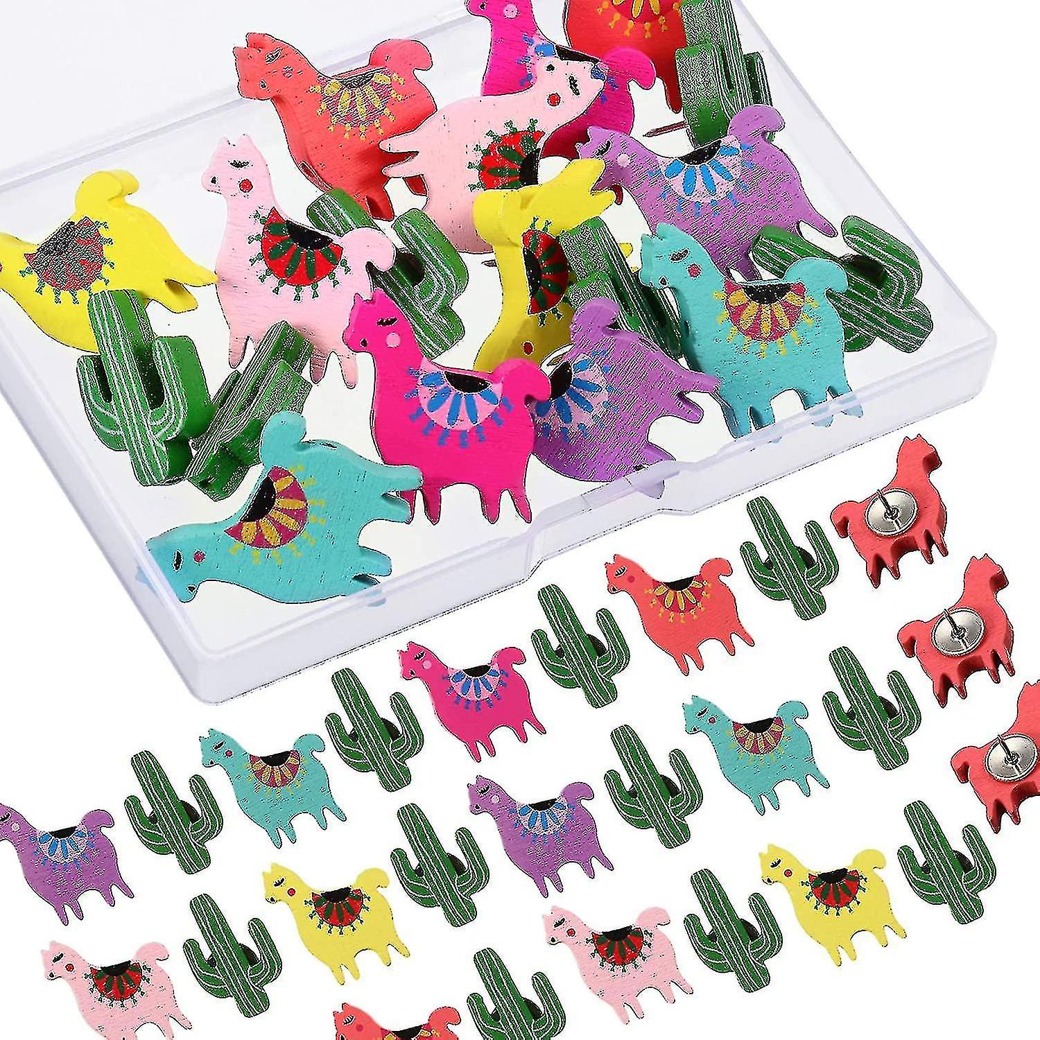 30 Pieces Wooden Thumbtacks Llama Alpaca Cactus Decorative Push Pins Cute