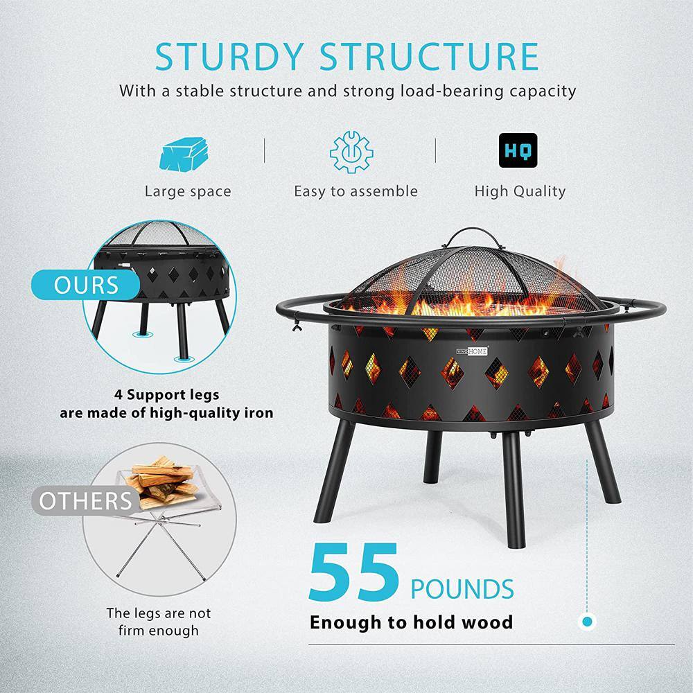 VIVOHOME 37.8 in. x 21.4 in. Round Iron Wood Fire Pit with Spark Screen Round Grill Grid Poker and Fireplace Cover (6-Piece) X002XH0CG1