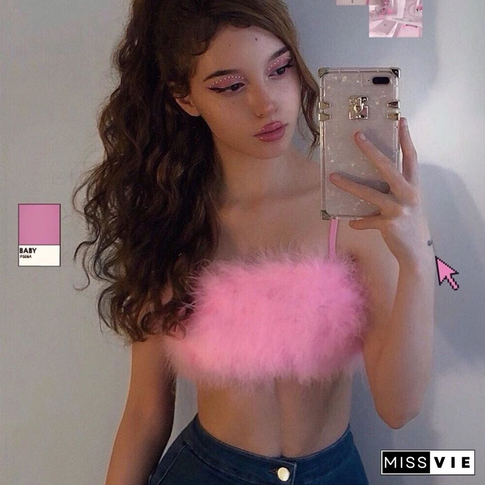 Fashion Sexy Spaghetti Straps Pink Feather Crop Top Women Camisole Sleeveless Tops Party Club Streetwear Camis