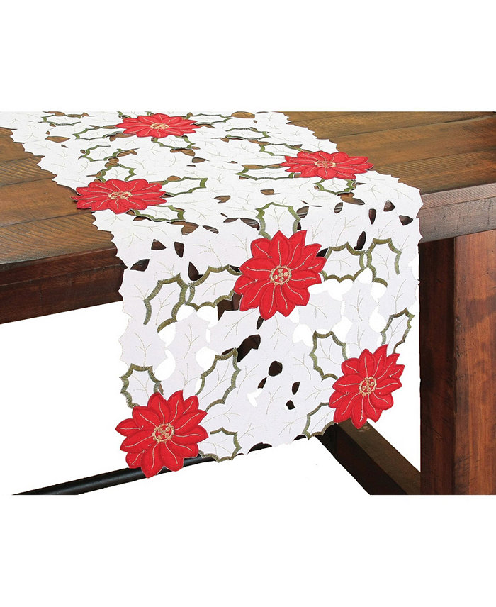 Xia Home Fashions Holiday Poinsettia Embroidered Cutwork Table Runner 36 x 16