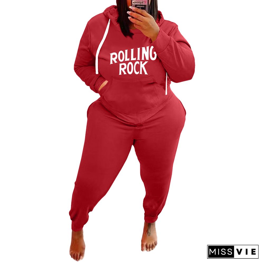 Plus Size Letter Print Hooded Sweatshirt And Pants Suit