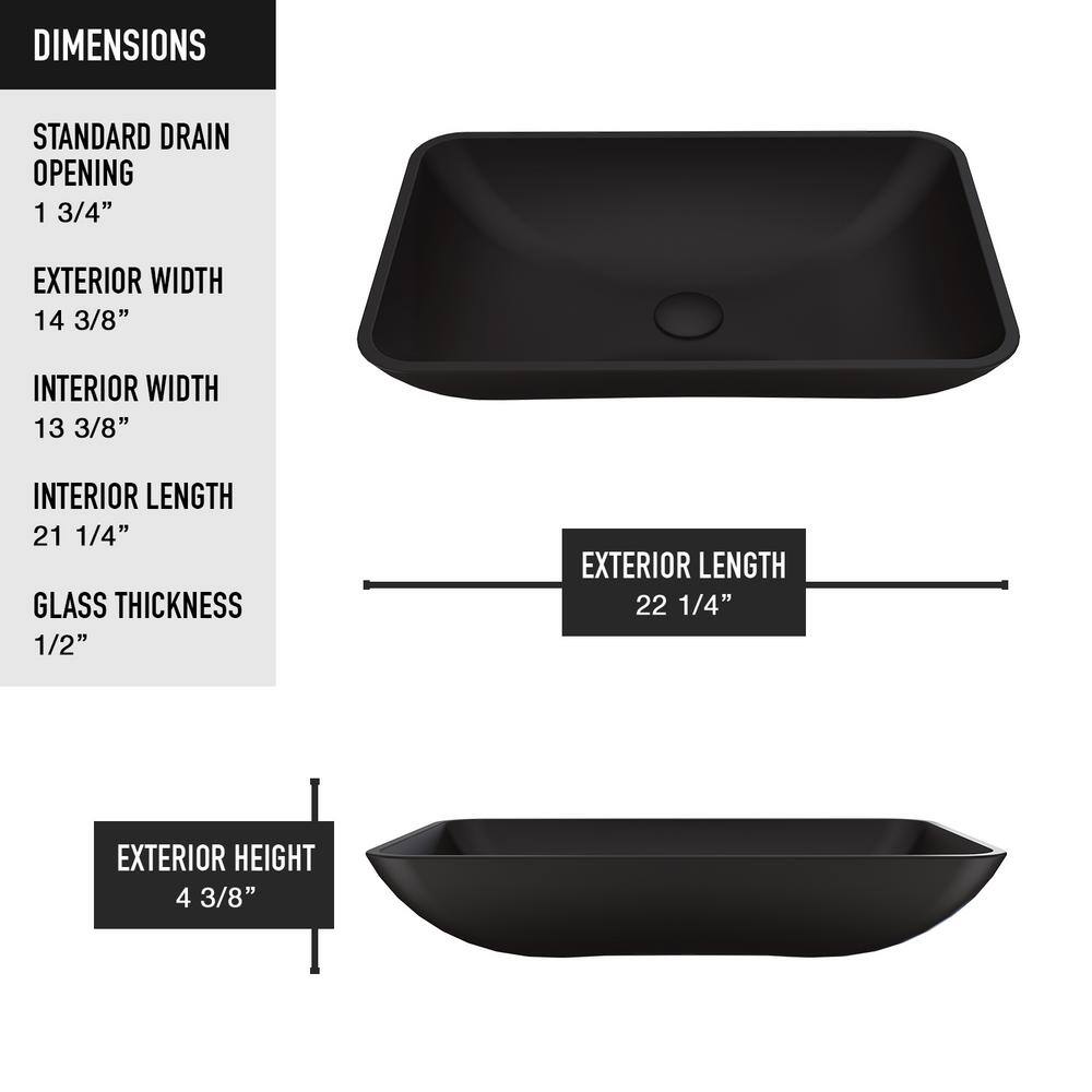 VIGO Hadyn Modern Black Matte Shell Glass 22 in. L x 14 in. W x 4 in. H Rectangular Vessel Bathroom Sink VG07112