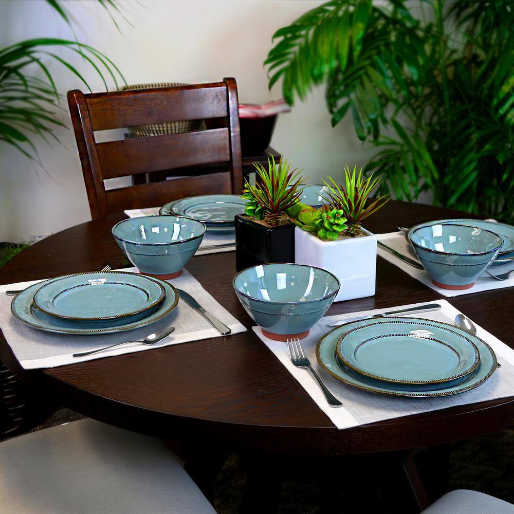 GIBSON elite Terranea 12-Piece CountryCottage Teal Terra Cotta Dinnerware Set (Service for 6) 985104993M