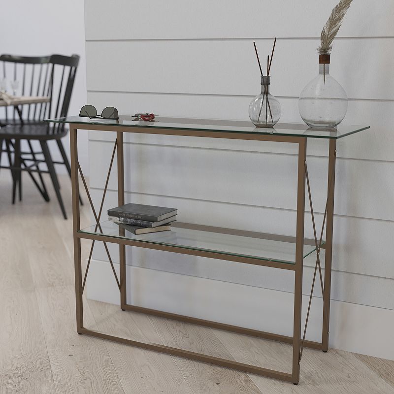 Merrick Lane Harlowe Console Table Modern Clear Glass Sofa Table with Gold Crisscross Frame and 2 Tempered Glass Shelves