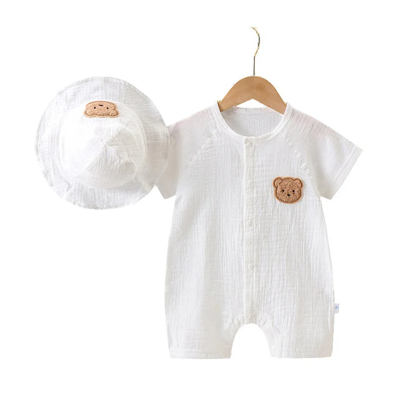 2Pcs Baby Summer Jumpsuits Hat Set Bear Muslin Newborn Romper for Boys Girls Clothes Toddler Onesie Infant Outfit Clothing