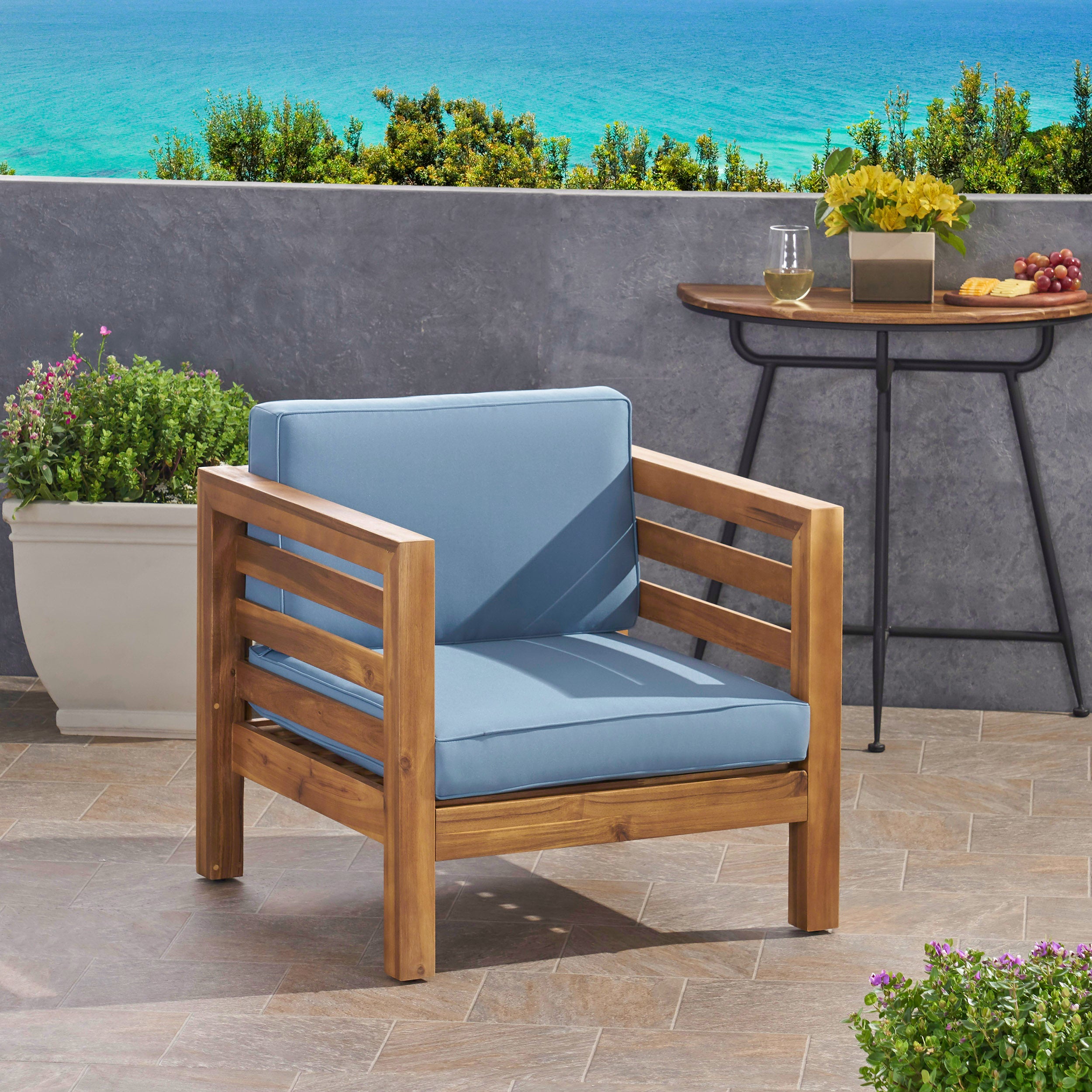 Louise Outdoor Acacia Wood Club Chair with Cushion