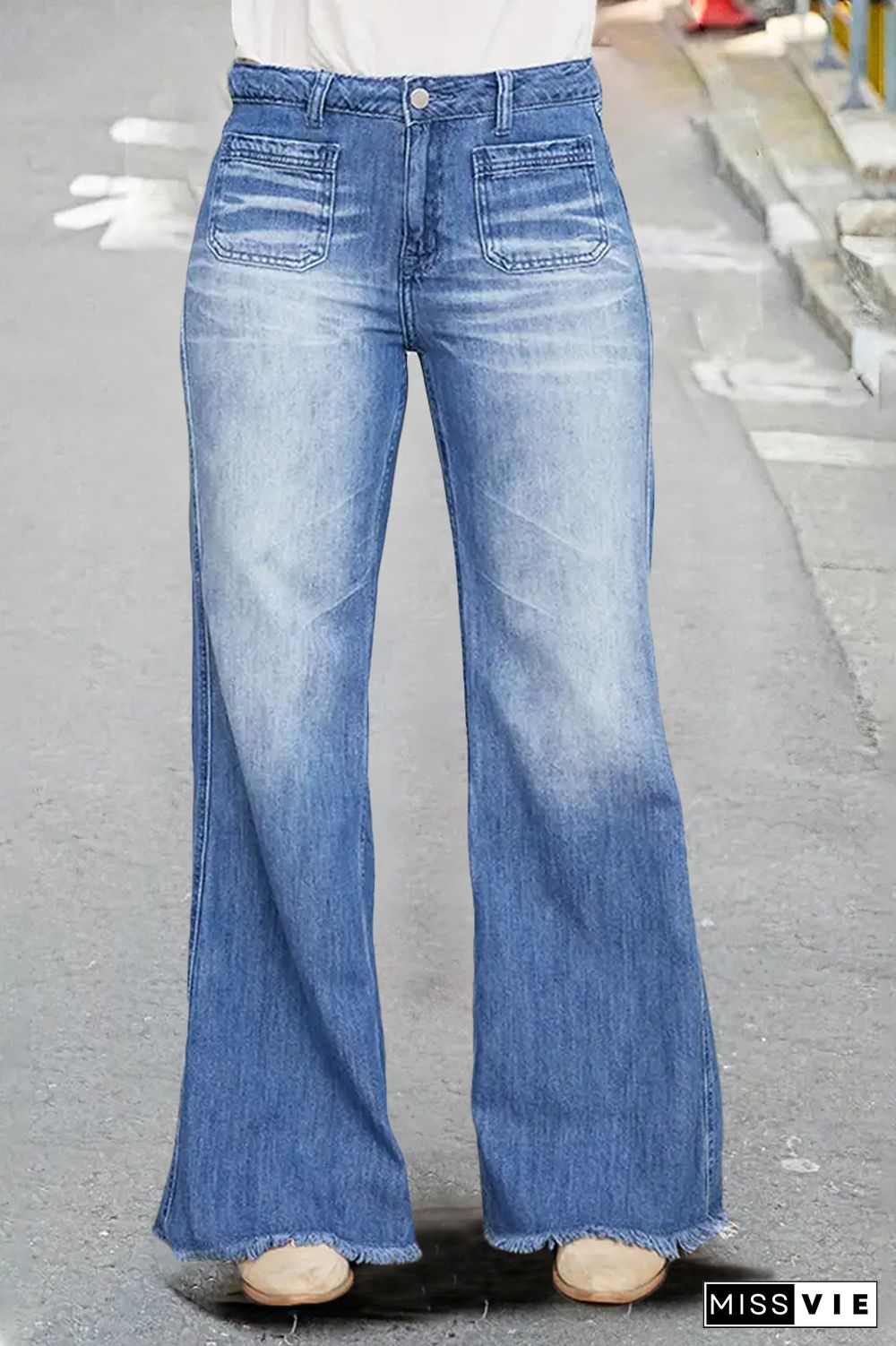 Patch Pocket Raw Hem Mid Rise Wide Leg Jeans