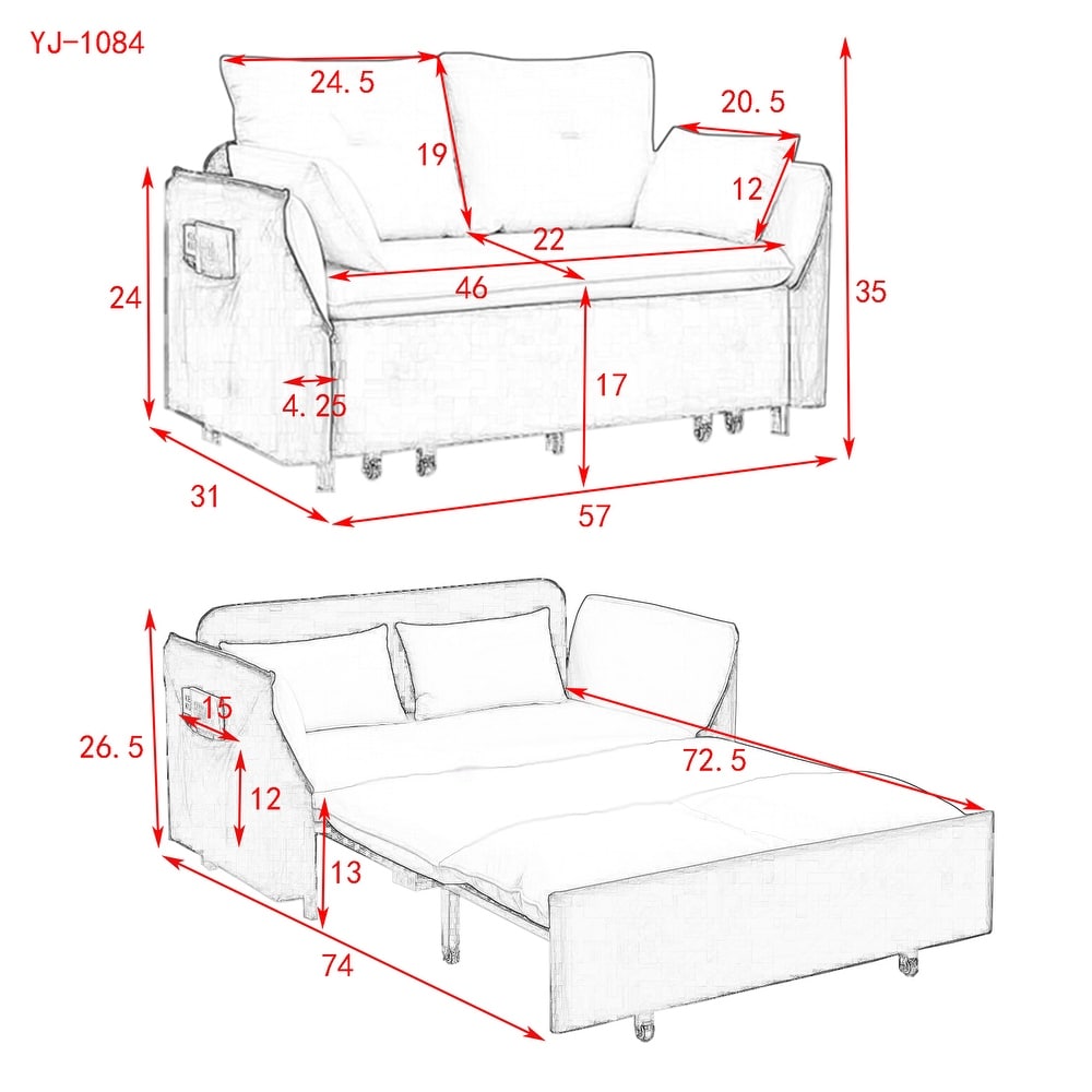 3 in 1 Tufted Futon Loveseat Couch Convertible Sleeper Bed  57\