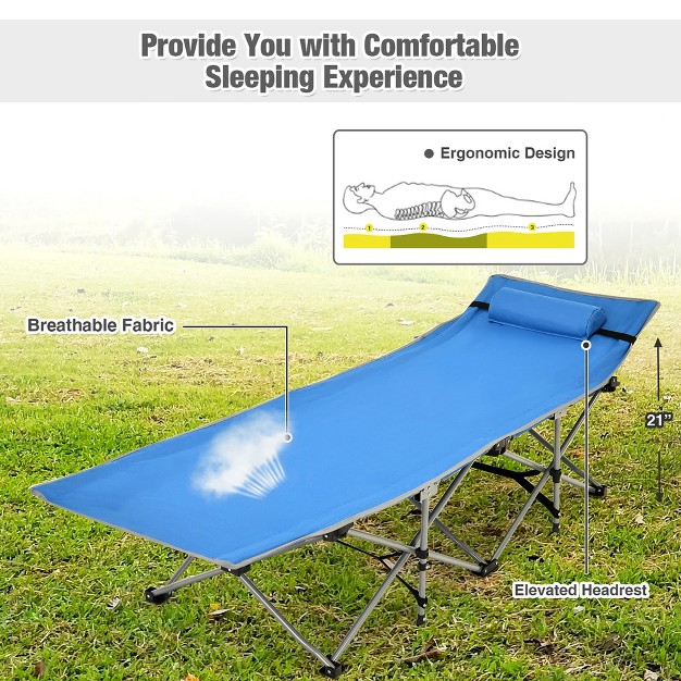 Folding Camping Cot Heavy duty Outdoor Cot Bed W Side Storage Pocket Green blue