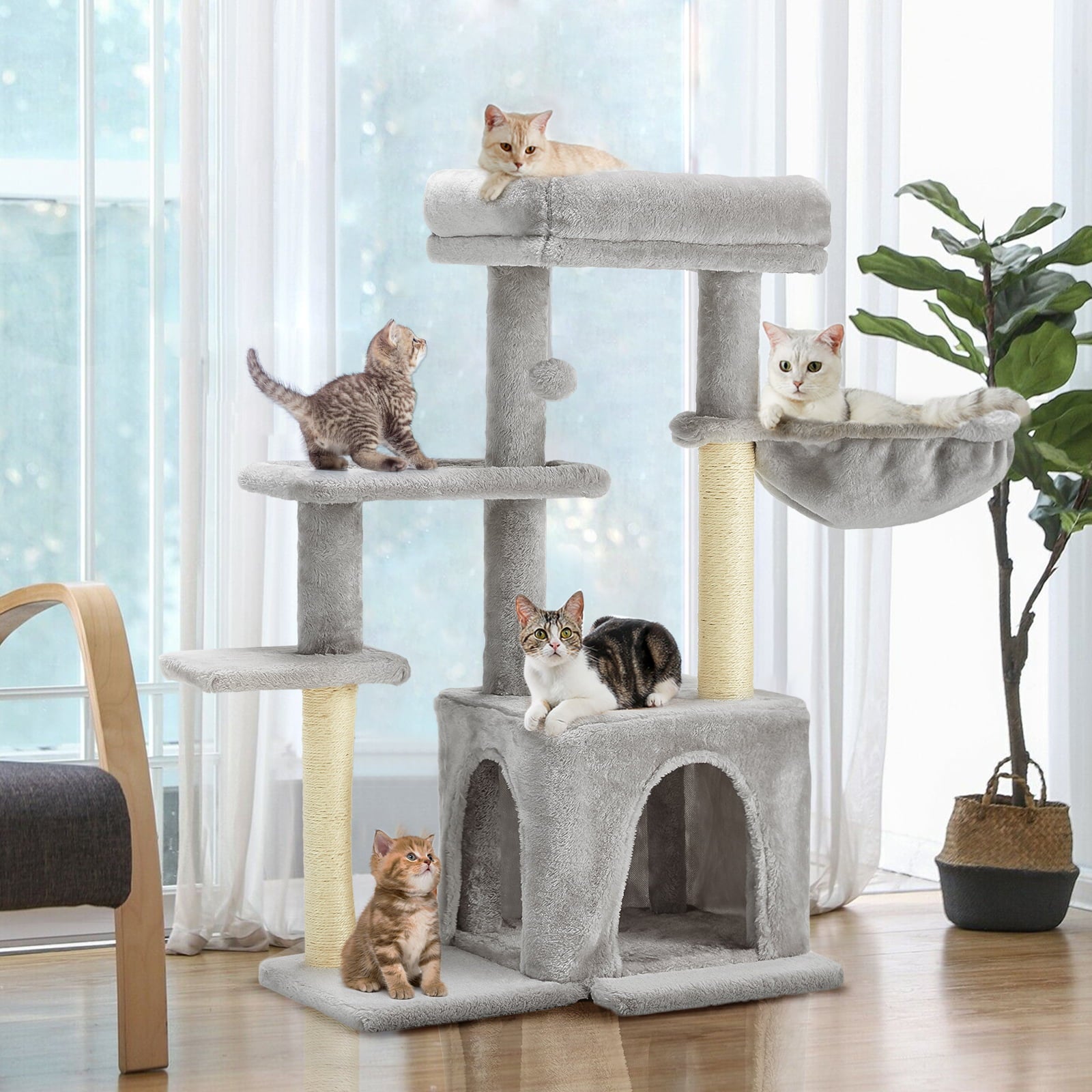 Yoleny Cat Tree for Indoor Cats, 33" Small Cat Tower with Top Perch, Cat Condo, Scratching Posts, Multi-level Tower for Cats and Kittens, Light Gray