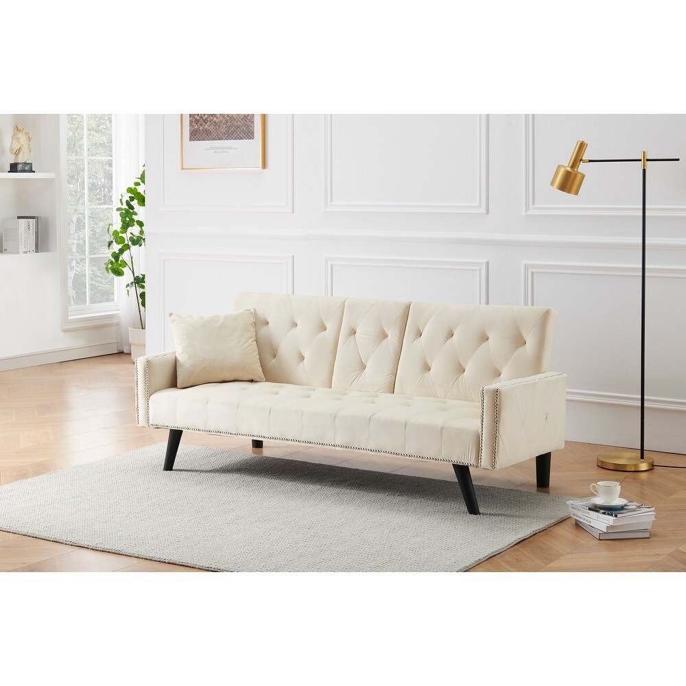 Modern Tufted Back Sofa Velvet Sleeper Sofa Bed Livingroom Adjustable Back Sofa Bed with Nail Head Trim   2 Cup Holders