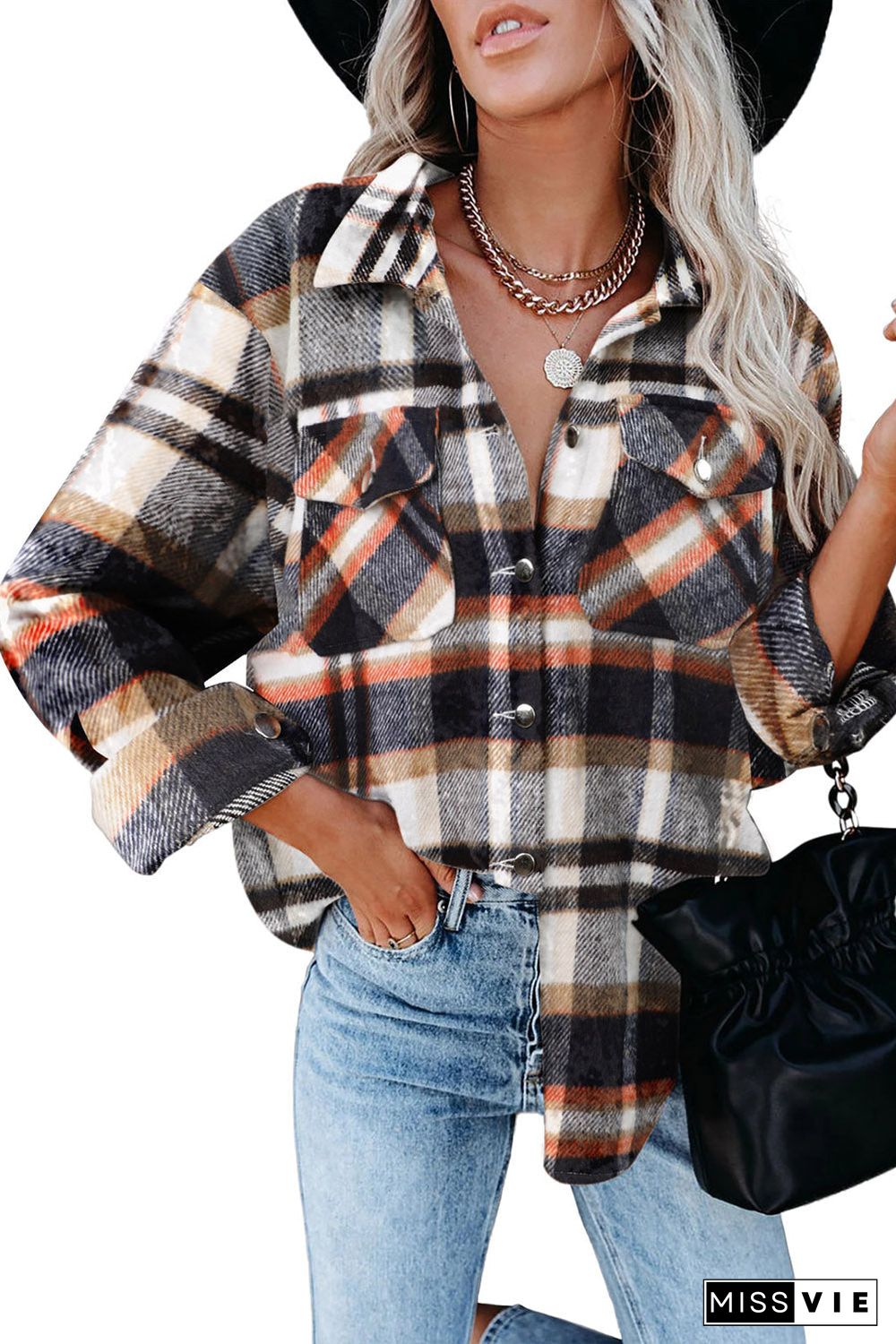 Geometric Plaid Print Pocketed Shirt