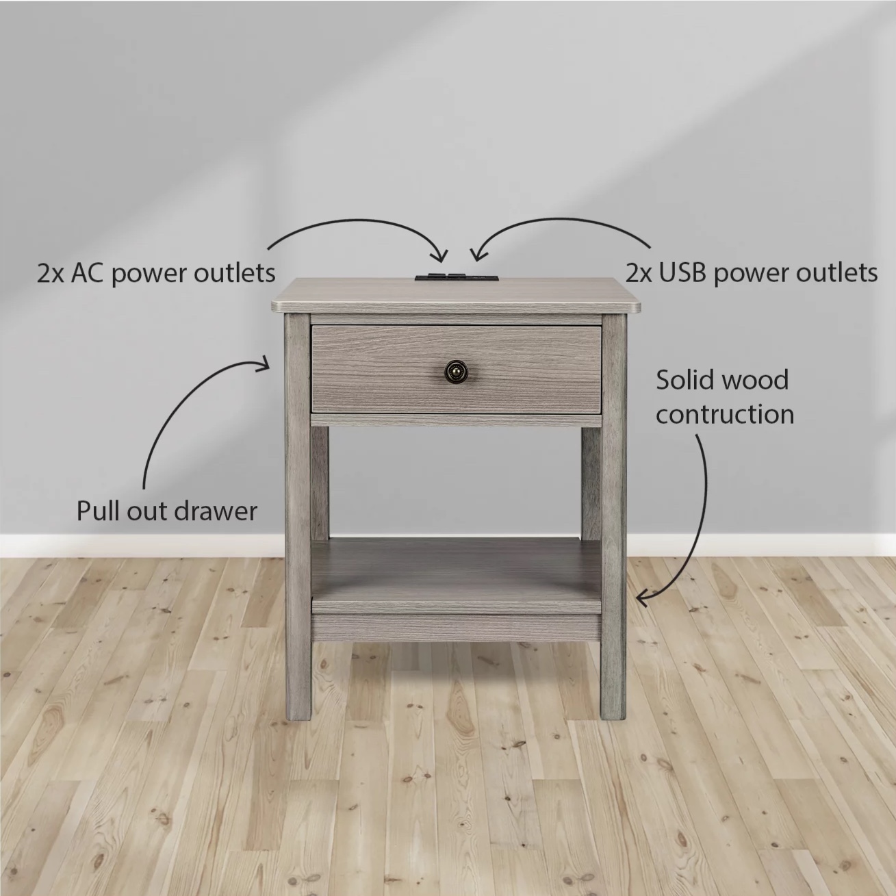 DecorTech Traditional Rectangular End Table with AC Power and USB Charging Ports， Gray