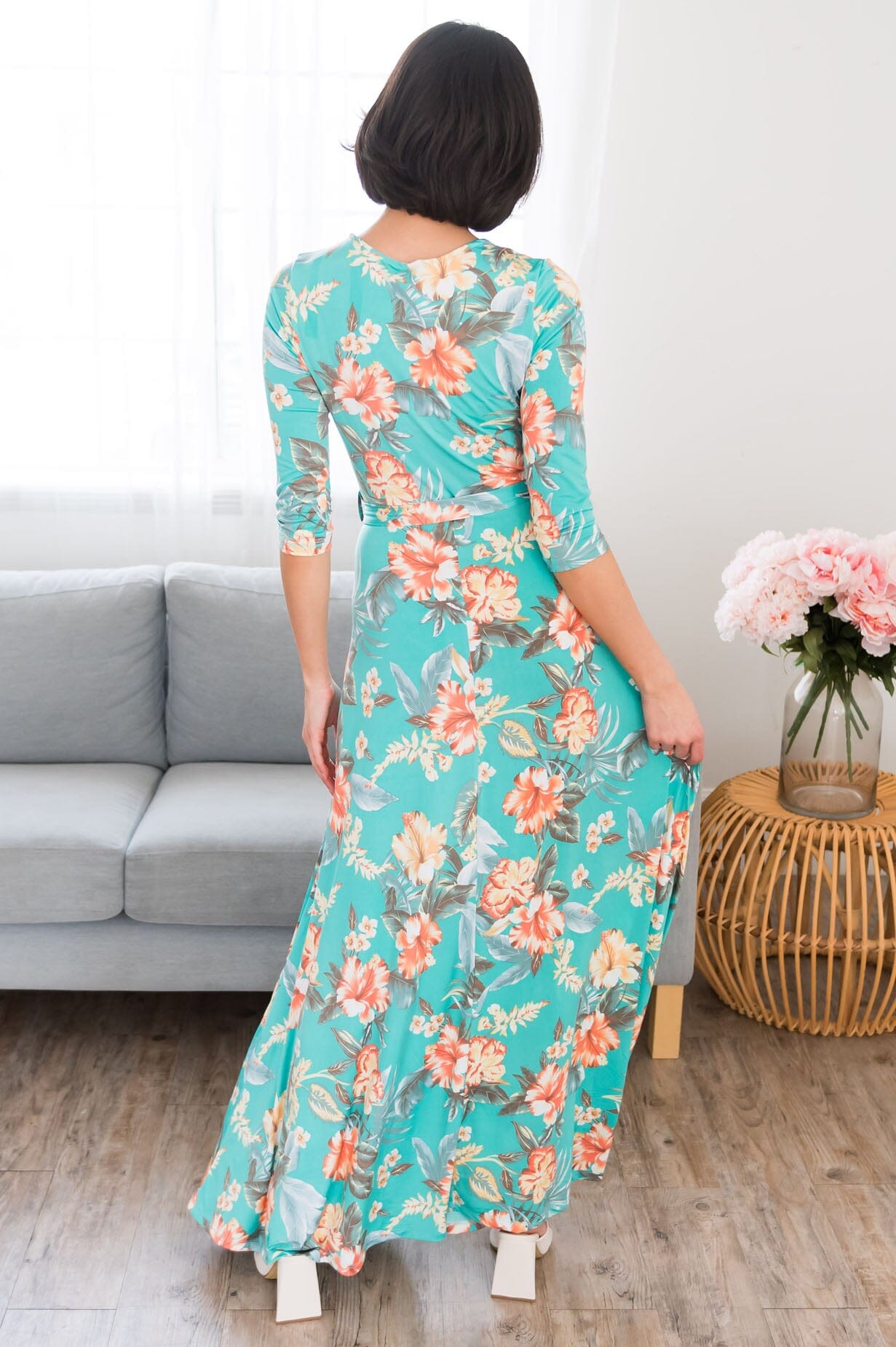 Crystal aqua floral plain long dress