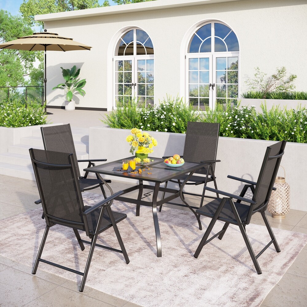 PHI VILLA 5 Piece Square Steel Table   Textilene Reclining Folding Sling Chair Patio Dining Sets