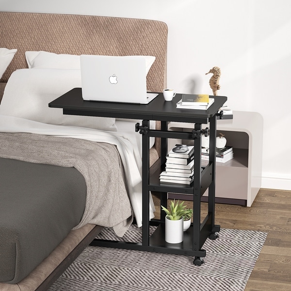 Brown/ Black Wood C-Shaped OverBed SideTable with Wheels， Industrial mobile Bed End Tables for Bedroom