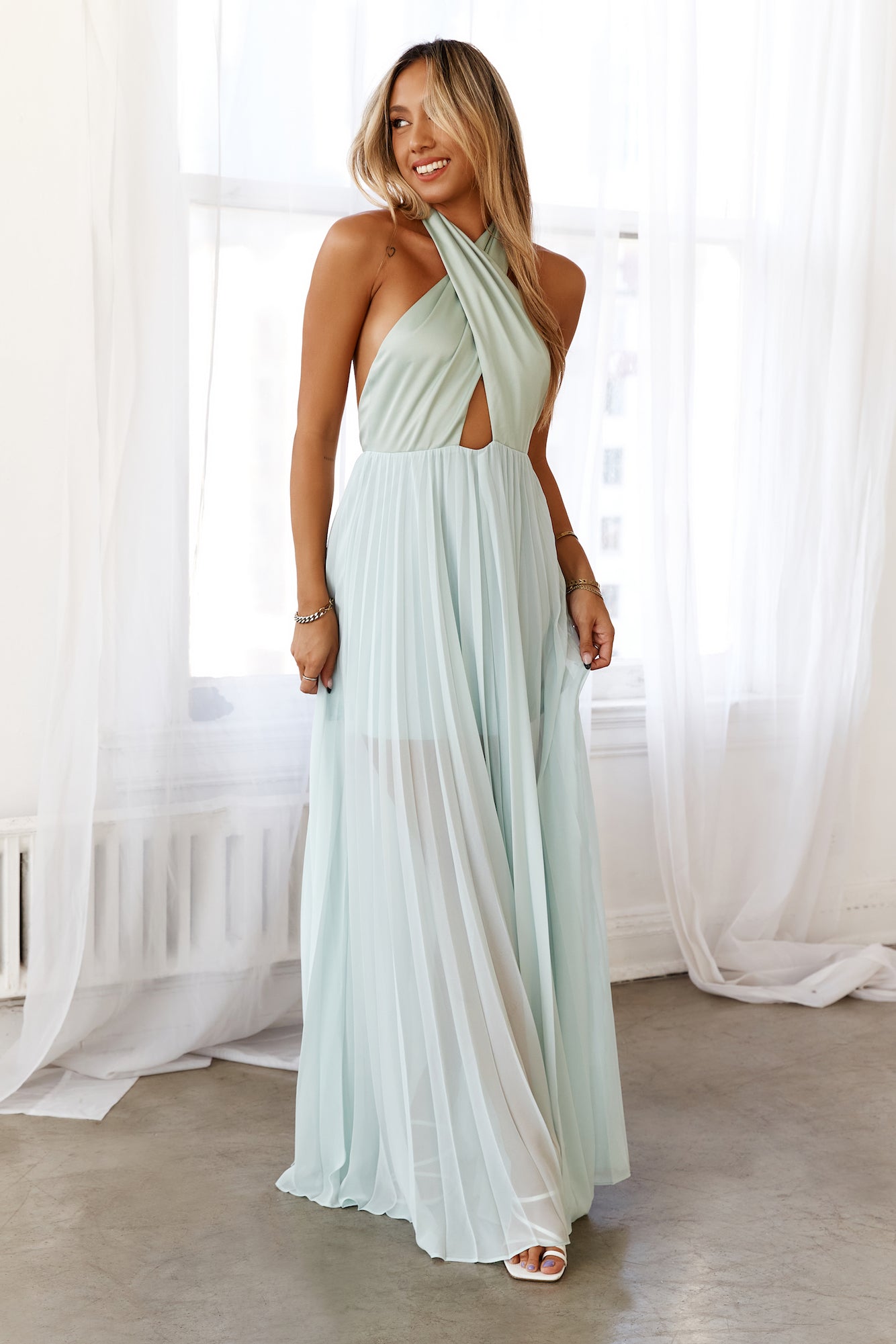 DEAR EMILIA Cascading Horizons Maxi Dress Sage