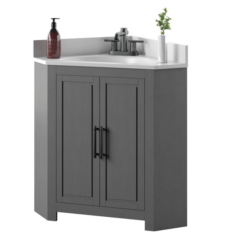 Twin Star Home 25 in. W x 25 in. D Corner Bathroom Vanity in Antique Gray with White Top and White Basin 25BV35043-PG22