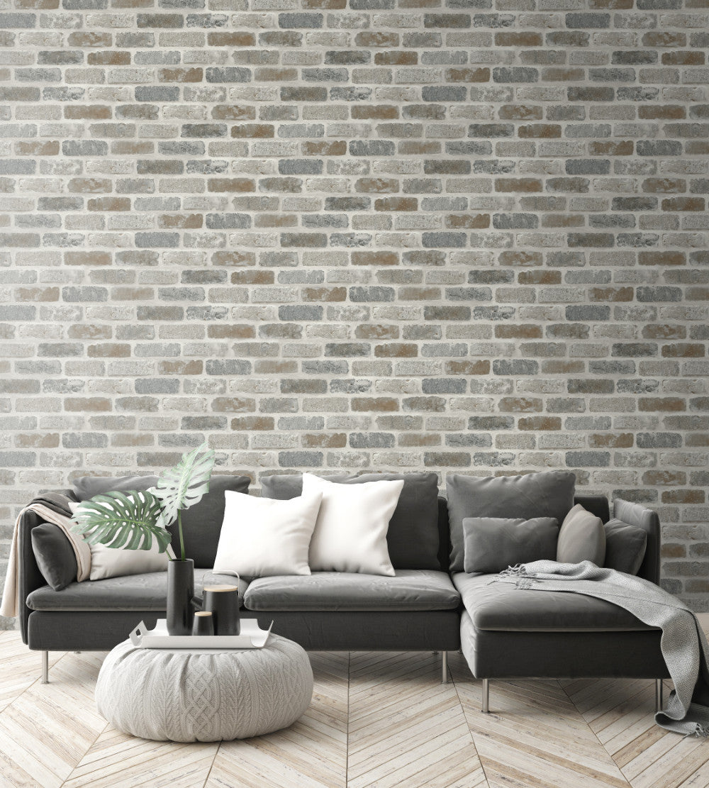 Washed Faux Brick Peel-and-Stick Wallpaper in Neutrals