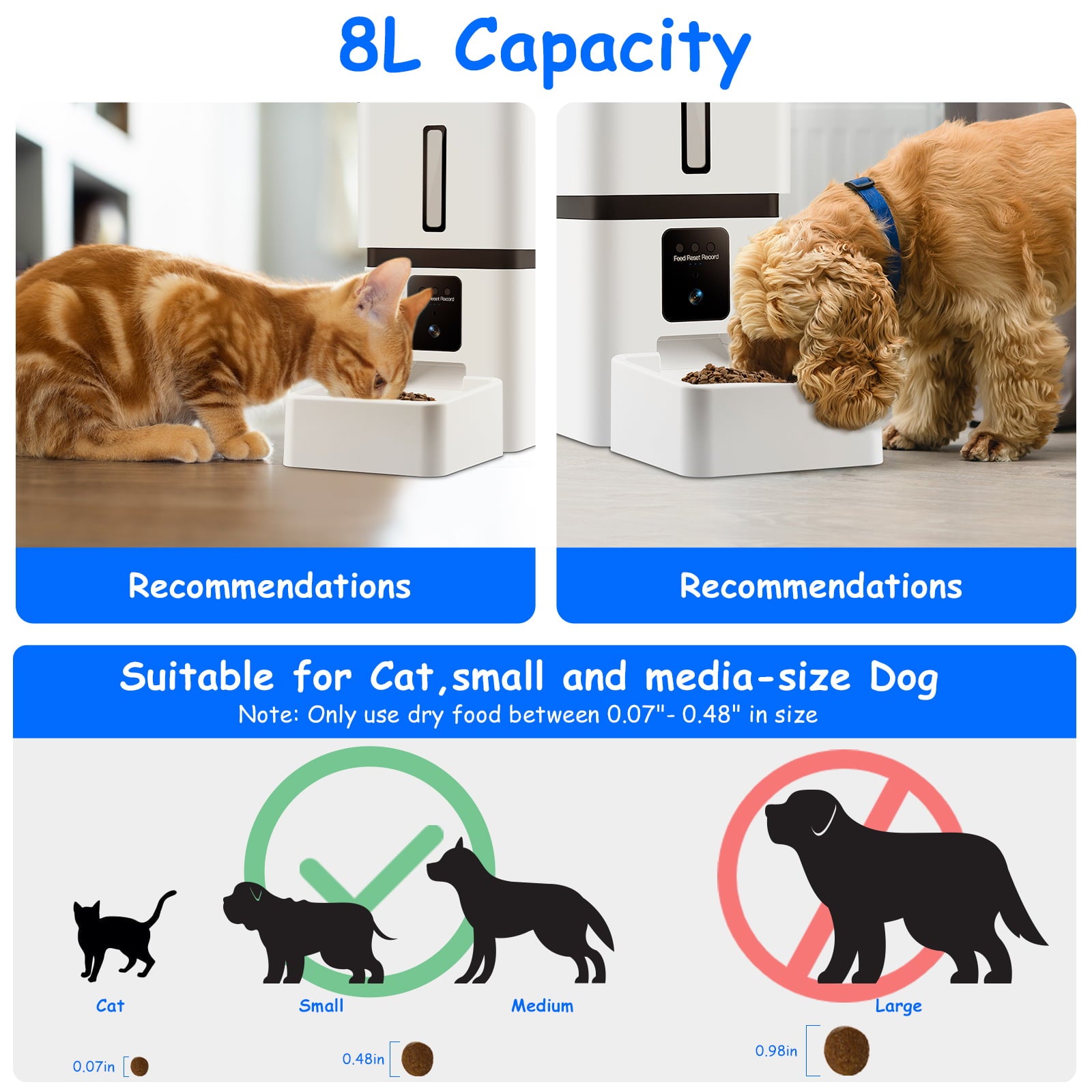 Tovendor Automatic Pet Feeder with 1080P Camera， 8L Large Food Dispenser for pet and dog， 5G WiFi Connect 2-Way Audio APP Control Pet Timer Feeder