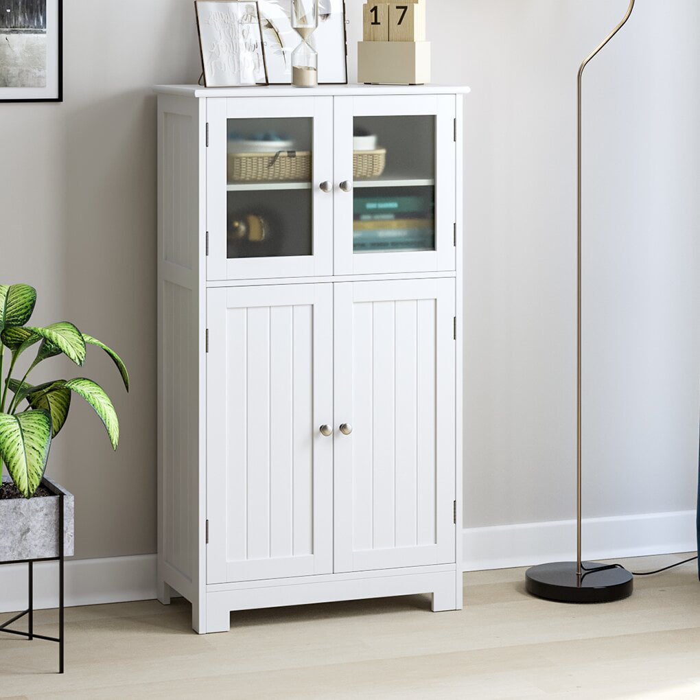 Homfa Bathroom Storage Cabinet, Floor White Wooden Linen Cabinet with Shelves and Doors, Kitchen Cupboard