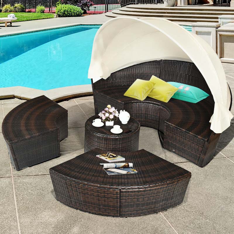 Rattan Wicker Patio Round Daybed with Retractable Canopy & Coffee Table, Outdoor Sectional Furniture Sofa Set