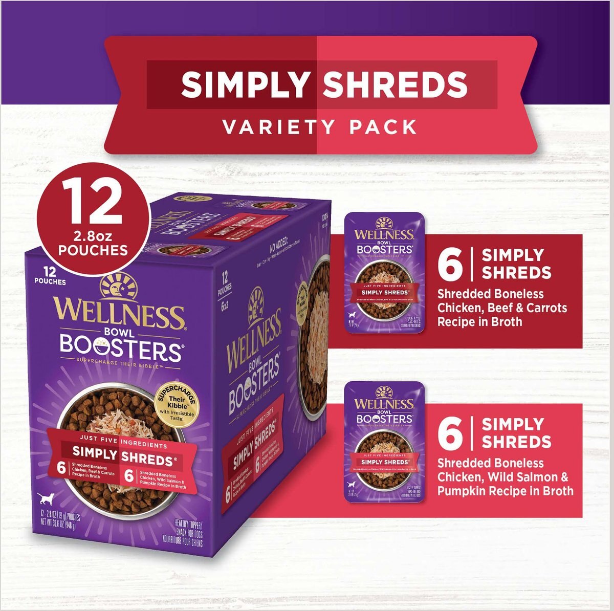 Wellness Bowl Boosters Simply Shreds Variety Pack Dog Food Tooping， 2.8-oz pouch， 12 count