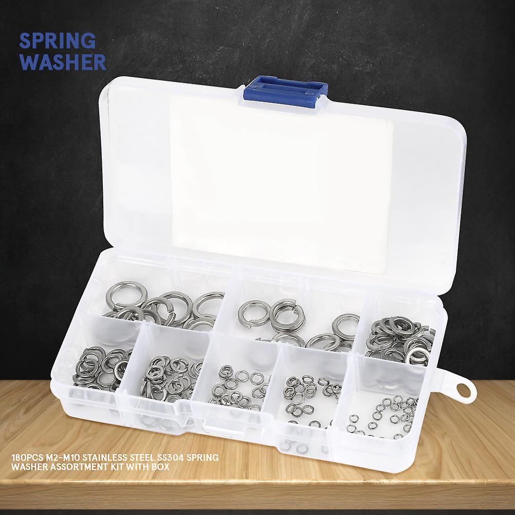 180pcs M2-m10 Stainless Steel Ss304 Spring Washer Assortment Kit With Box