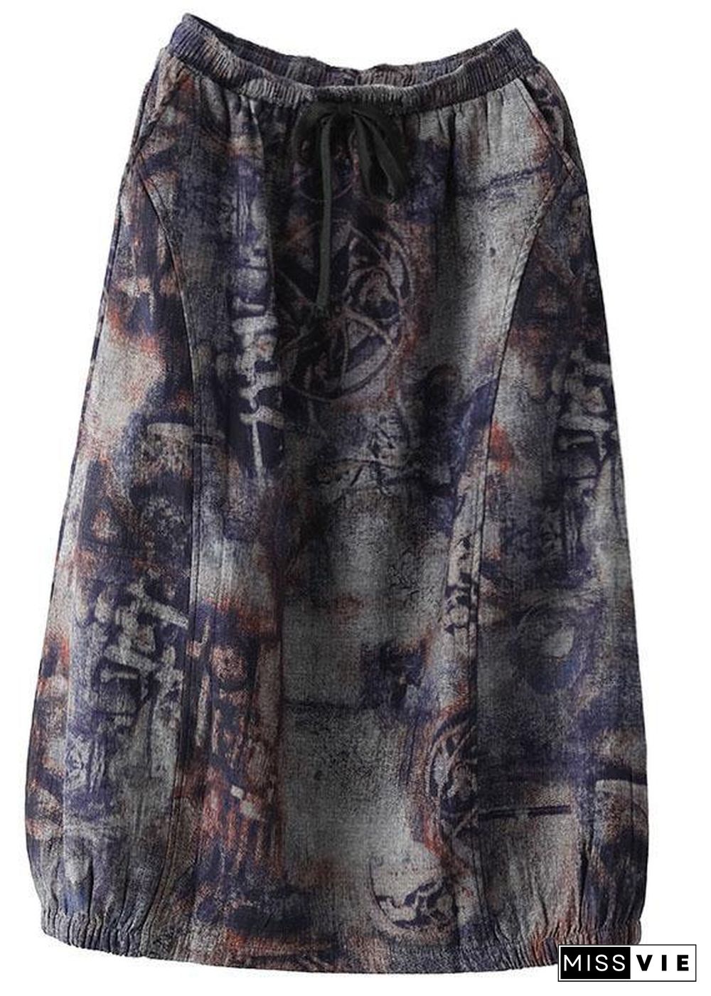 Plus Size Grey Purple Retro Print A Line Pockets Fall Skirts