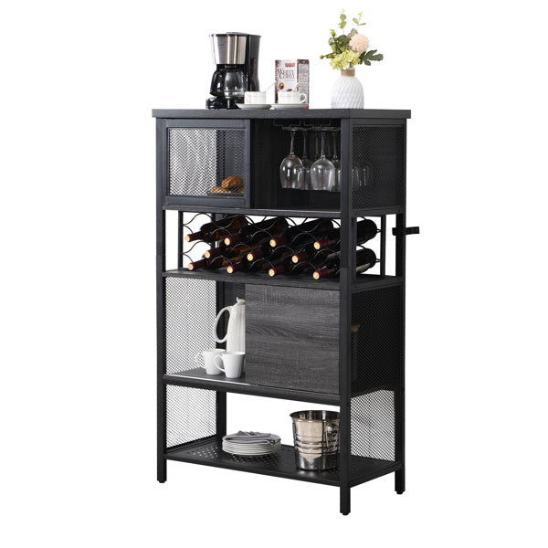 Industrial Bar Cabinet with Wine Rack for Liquor and Glasses; Wood and Metal Cabinet for Home Kitchen Storage Cabinet