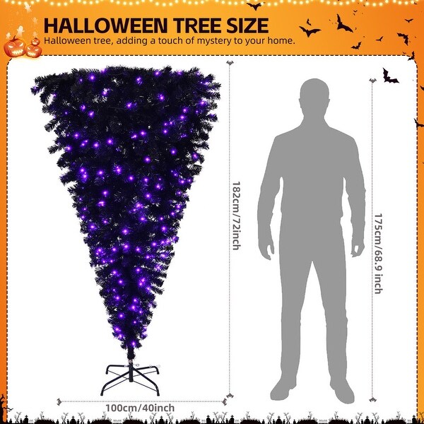 6 Ft Prelit Upside Down Artificial Christmas Tree Black Halloween Tree with 250 Purple Lights