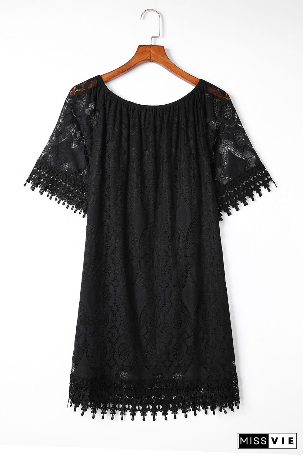 Black Round Neck Short Sleeve Loose Lace Dress