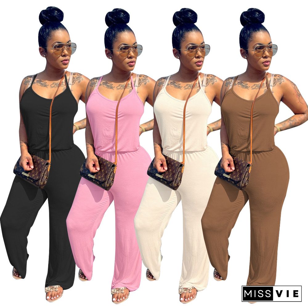 Women Solid Color Cotton Mid Waist Sleeveless Spaghetti Straps Casual One Piece Wide Leg Jumpsuit