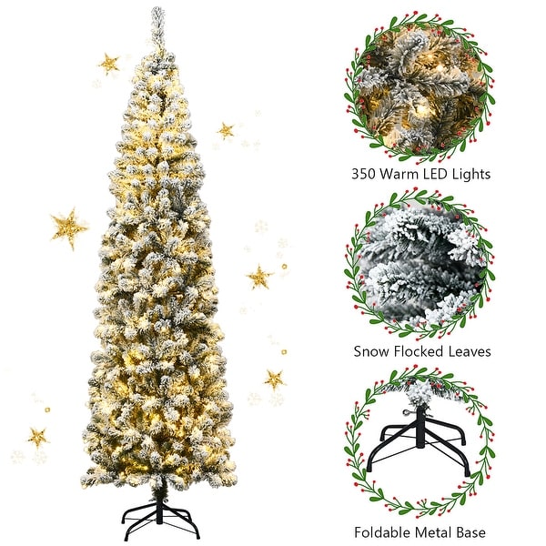 Costway 7.5Ft Prelit Snow Flocked Artificial Pencil Christmas Tree