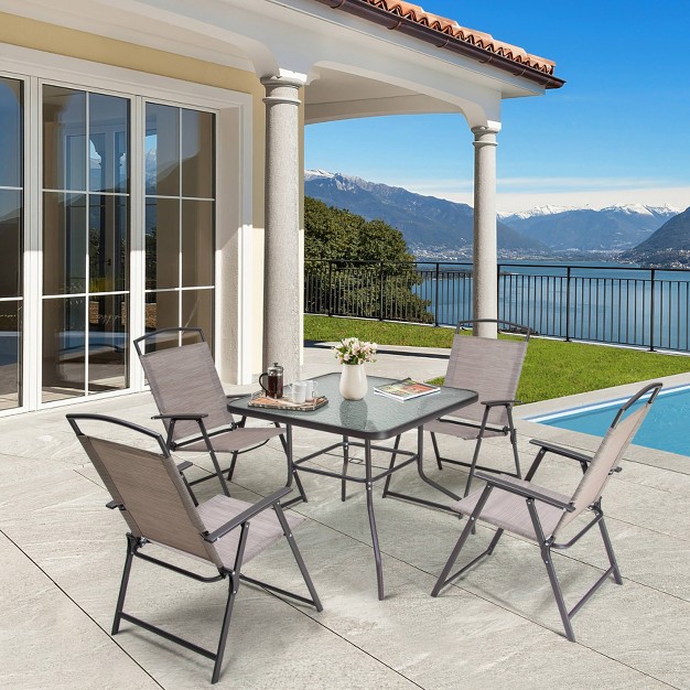 5pc Outdoor Steel Dining Set With Folding Chairs amp Square Glass Table Top Beige Crestlive Products